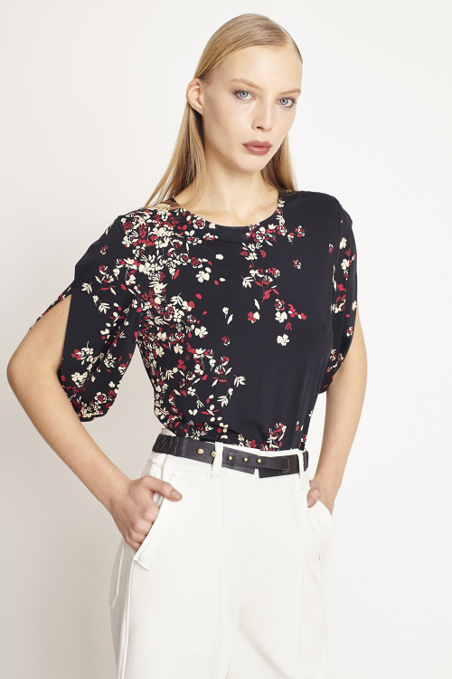 Blusa Jersey Estampa Ramalhete Manga