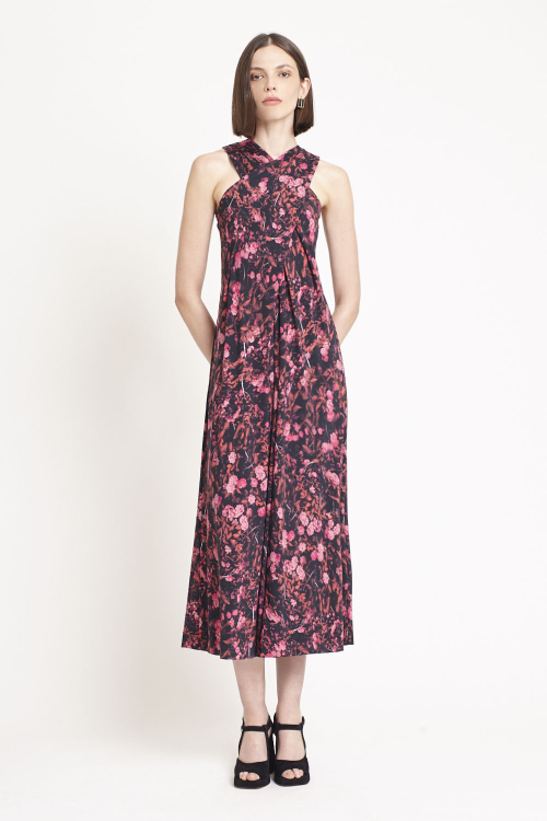 Vestido Jersey Estampa Bosque Decote Cruzado